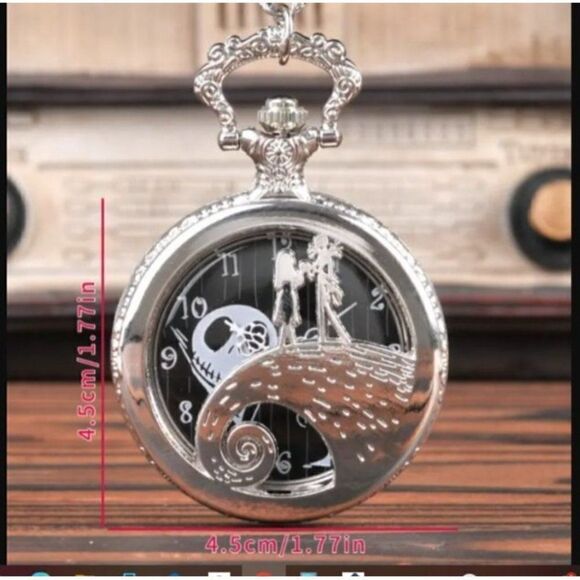 New! Nightmare Before Christmas Dial Silver Quartz Pocket Watch With Chain Men W - Picture 3 of 4